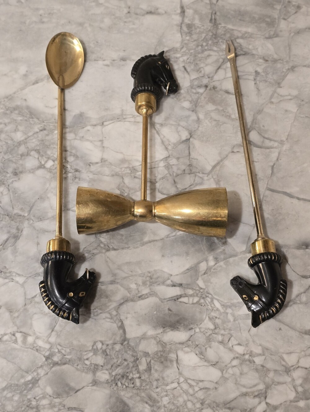 Vintage Mid Century Brass Black Horse Heads Barware Cocktail Bar Tools Set